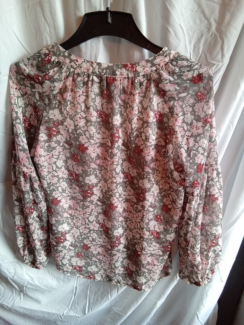 Floral V-Neck Long Sleeve Women's Top -‎ Pink & Gray M - Picture 3 of 5